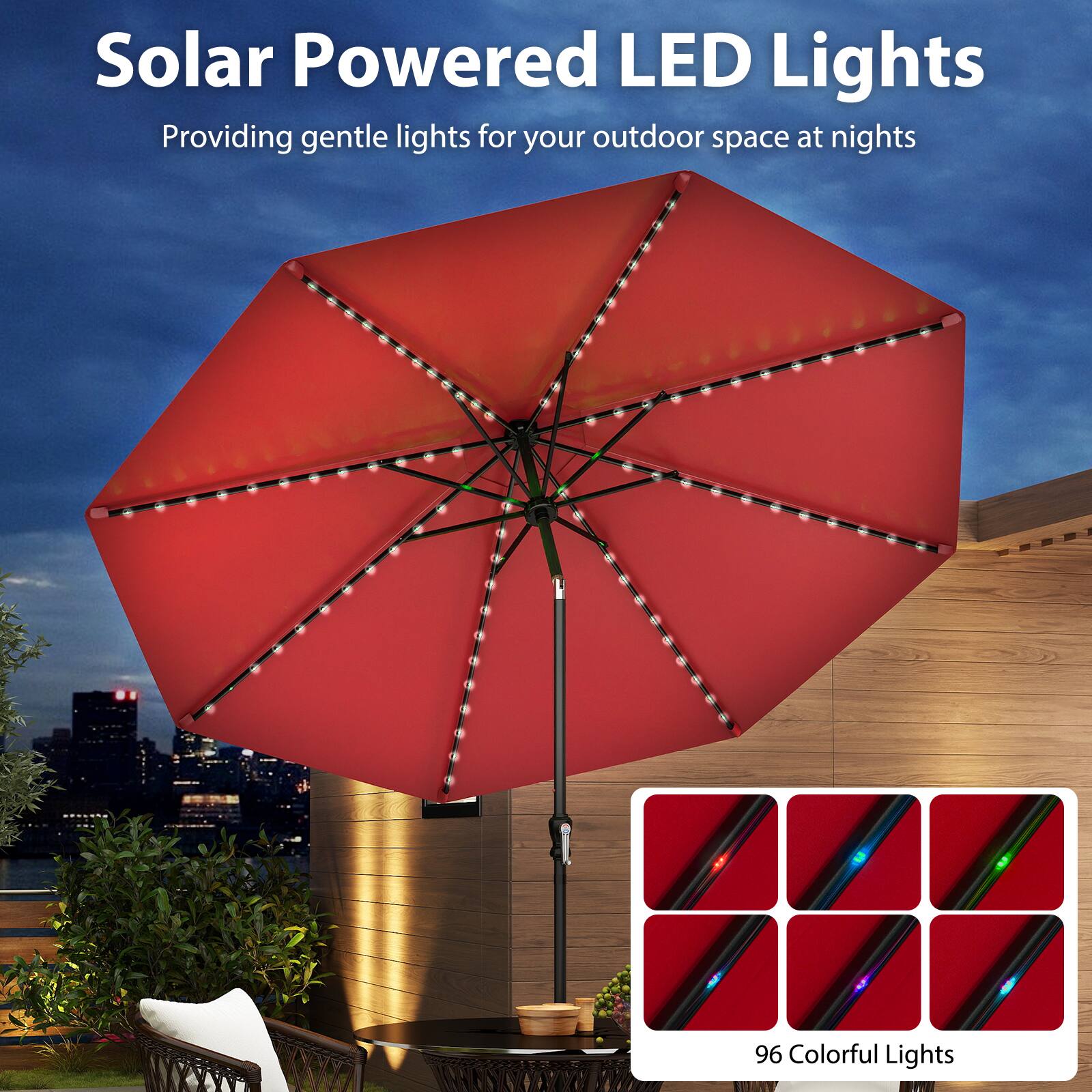 Solar Powered LED Lights  
Providing gentle lights for your outdoor space at nights  

96 Colorful Lights