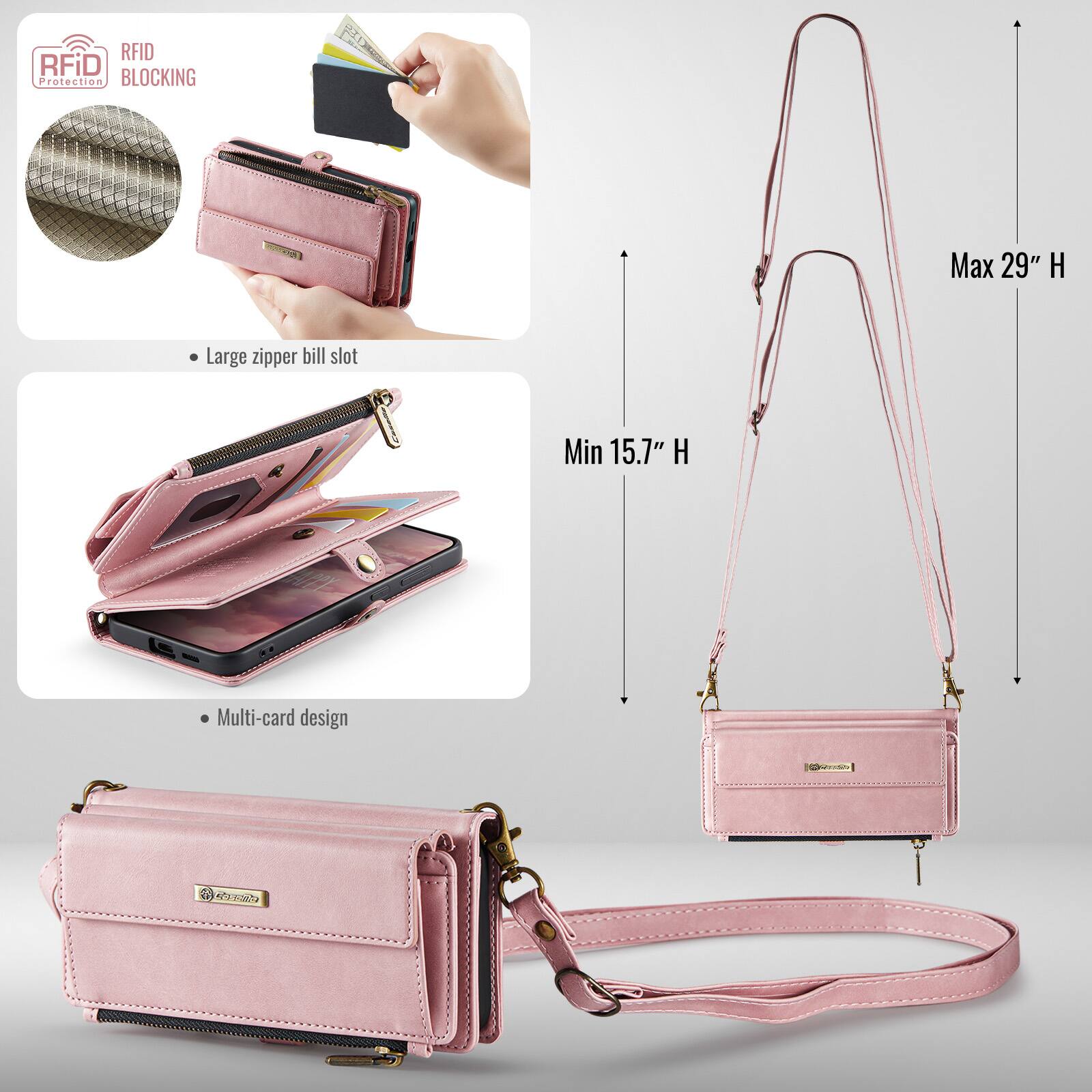 RFID Protection BLOCKING

- Large zipper bill slot
- Multi-card design

Max 29" H
Min 15.7" H
