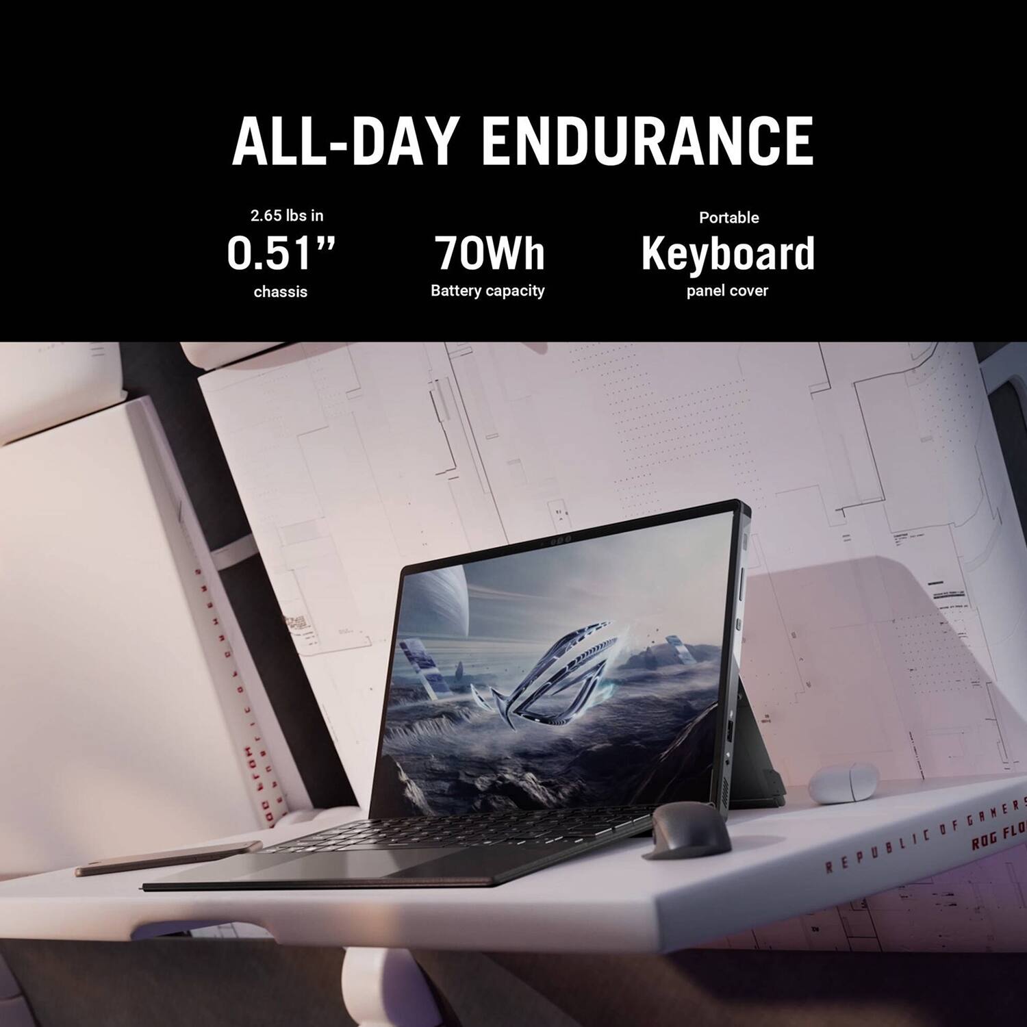 ALL-DAY ENDURANCE  
2.65 lbs in 0.51" chassis  
70Wh Battery capacity  
Portable Keyboard panel cover  

REPUBLIC OF GAMERS  
ROG FLOW