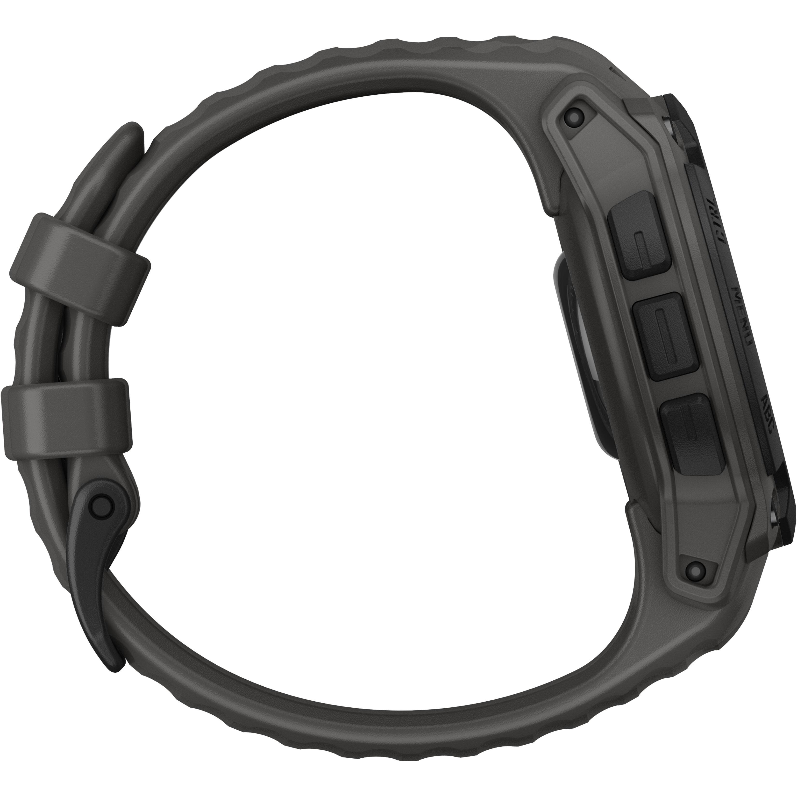 The image shows a close-up view of a watch with a black band. The watch has a black face and a gray band. The watch appears to be a sports watch, designed for outdoor activities. The watch is positioned on a white background, which highlights its features and design. The watch is likely designed for men, as indicated by the "MENU" button on the watch face.