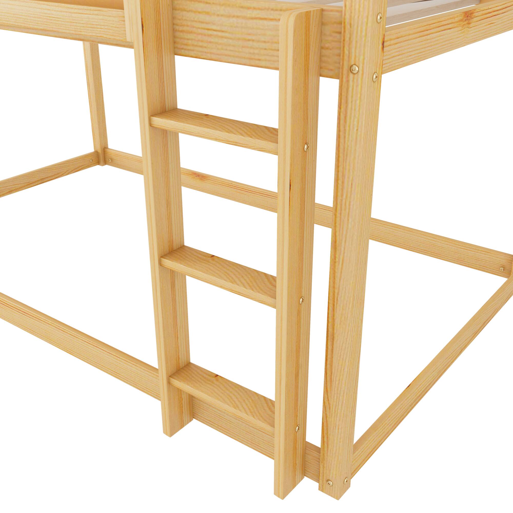 Alt View 2. GOODSILO - Low Twin Over Twin Solid Wood Bunk Bed with Ladder for Kids and Juniors - Natural.