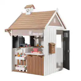 Segmart - 2-in-1 Kids Outdoor Playhouse, Cedar Wooden Grocery Store and Backyard Grill Station for Kids Ages 3-6 - White