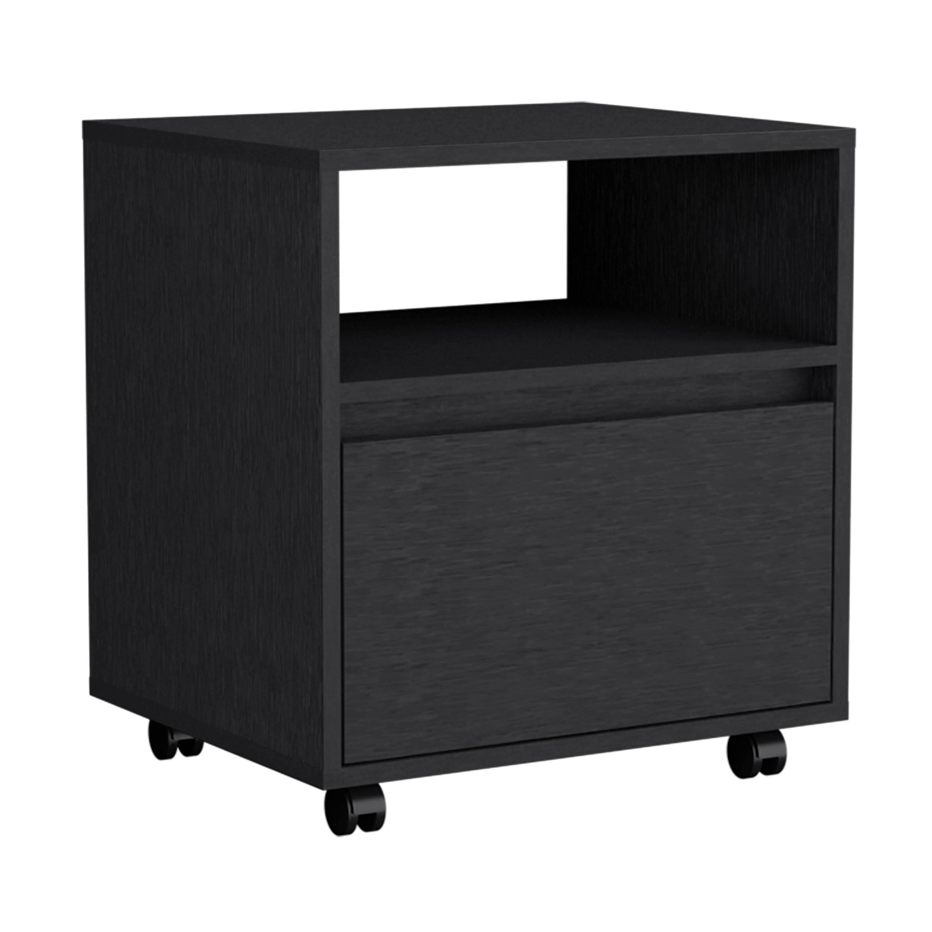 Angle. Tiramisubest - Black Nightstand with Open Shelf, Drawer, and Casters, 20\ - Black.