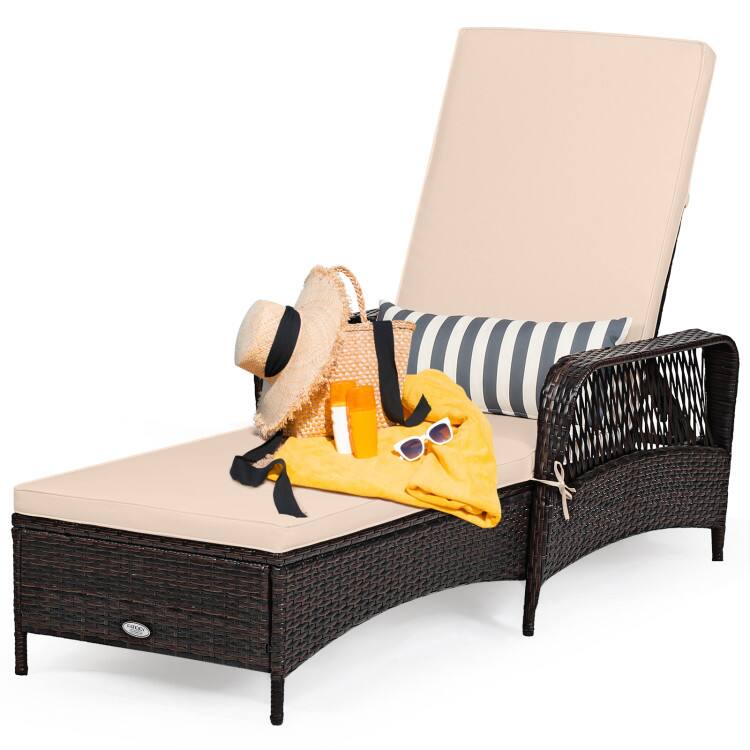 Back. Mondawe - 78in Freestanding Wicker Chaise Lounge w/ Adjustable Backrest, Outdoor Patio Recliner with Pillow - Beige.