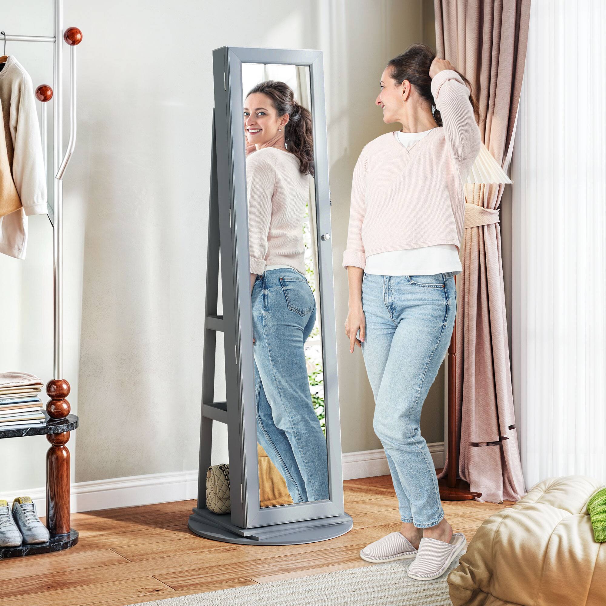 Alt View 7. Homcom - 360° Swivel Jewelry Cabinet: Full Mirror+Back Shelves Armoire - Gray.