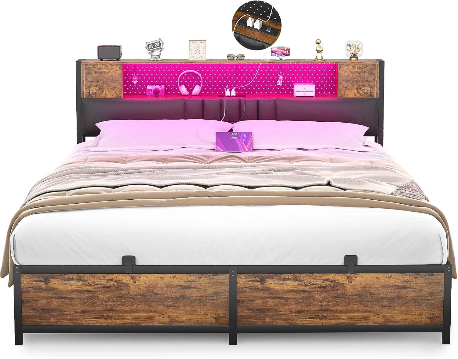 Front. Aheaplus - Modern Bed Frame: Power Outlet & LED Lights, Headboard Storage, Quiet Support - Rustic Brown.