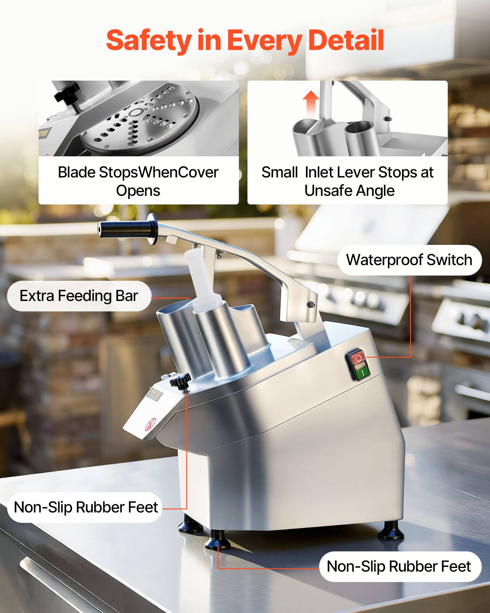 Safety in Every Detail

- Blade Stops When Cover Opens
- Small Inlet Lever Stops at Unsafe Angle
- Waterproof Switch
- Extra Feeding Bar
- Non-Slip Rubber Feet
- Non-Slip Rubber Feet