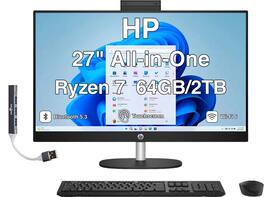 HP - Upgraded - 27 All-in-One 27" Touchscreen FHD Display (AMD Ryzen 7 7730U, 64GB DDR4, 2TB SSD, AMD Radeon, Win 11 Pro) w/USB Hub - Jet Black