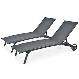 Gymax - Set of 2 Outdoor Chaise Lounge Chair Adjustable Patio Recliner w/ Wheels Grey - Gray