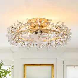 Parrot Uncle - 23" Modern 4-Light Crystal Low-Profile Flush Mount Ceiling Fan with Remote - Gold