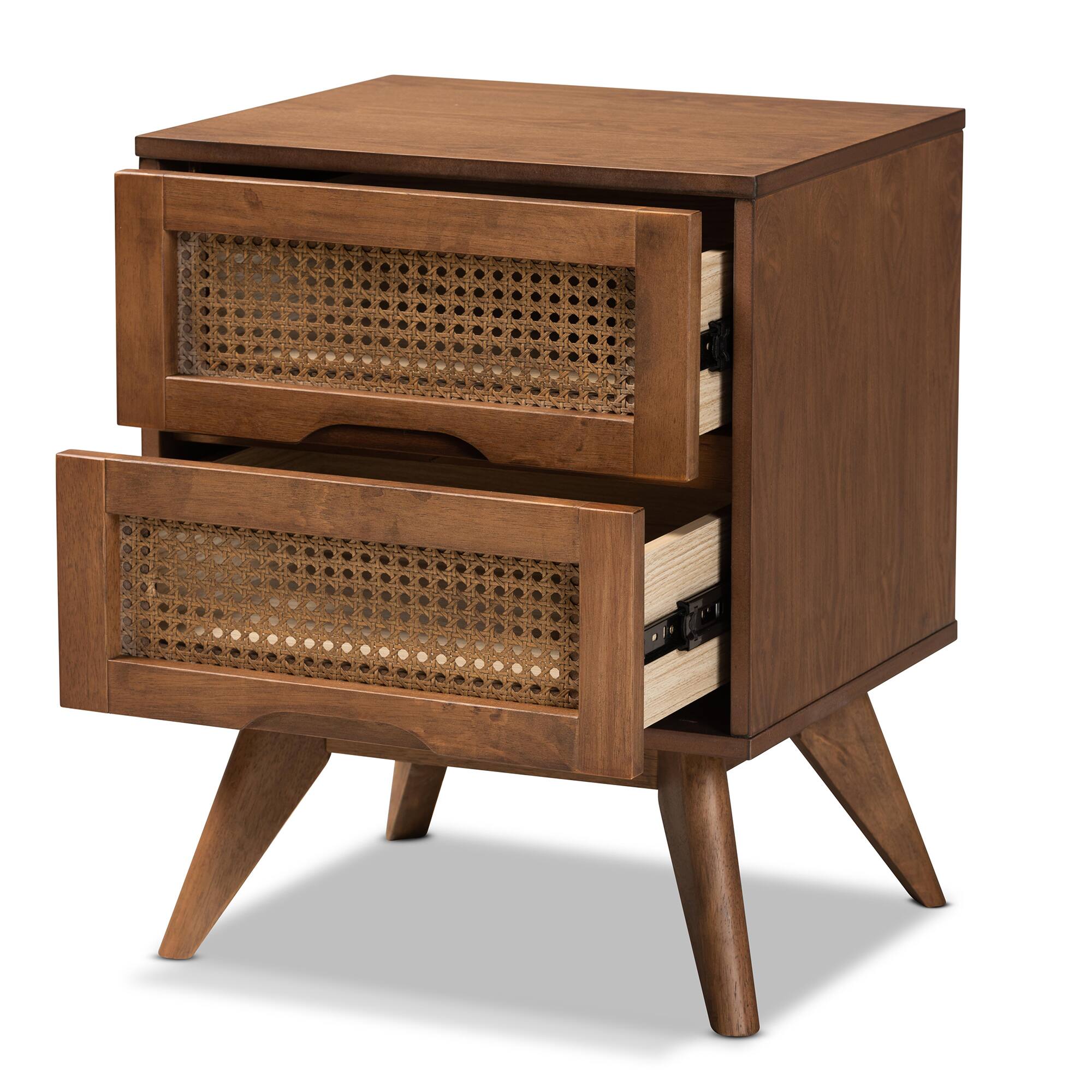 Angle. Baxton Studio - Barrett Mid-Century Modern Finished Wood and Synthetic Rattan 2-Drawer Nightstand - Walnut Brown.