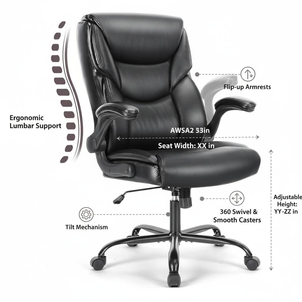 - Flip-up Armrests
- Ergonomic Lumbar Support
- AWSA2 53in
- Seat Width: XX in
- Tilt Mechanism
- 360 Swivel & Smooth Casters
- Adjustable Height: YY-ZZ in