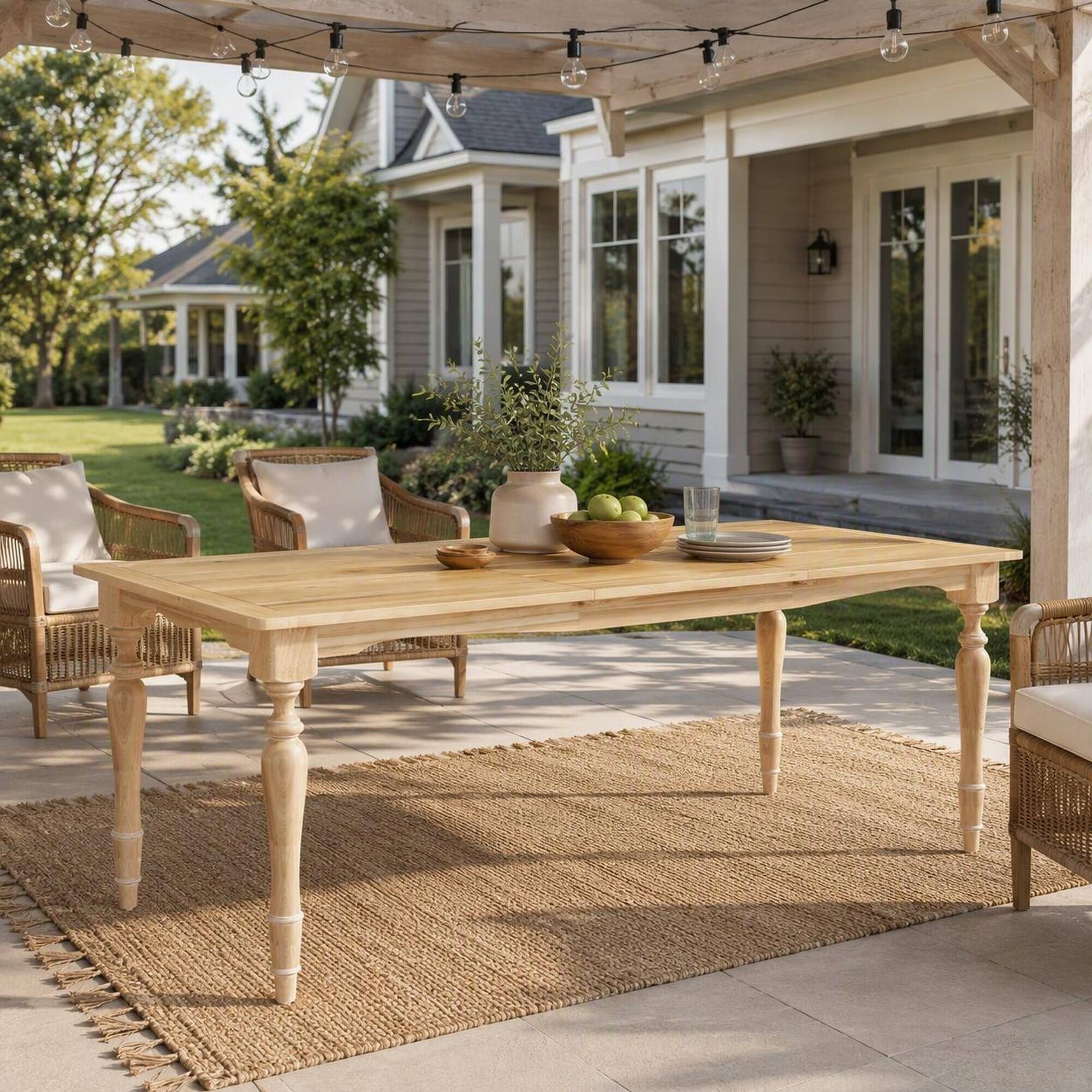 Back. RYHNUYNE - Farmhouse Wood Outdoor Dining Table,Rectangular Natural Patio Table with Turned Legs for Backyard Porch Garden - Natural.