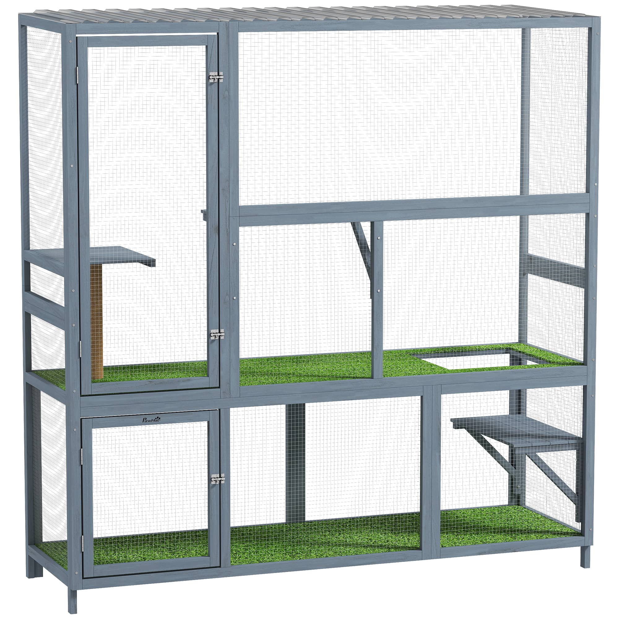 Pawhut - Outdoor Cat Enclosure, 77" H Wooden Cat House with Weatherproof Roof - Light Gray