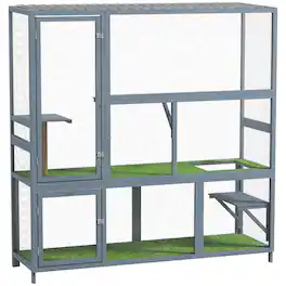 Pawhut - Outdoor Cat Enclosure, 77" H Wooden Cat House with Weatherproof Roof - Light Gray