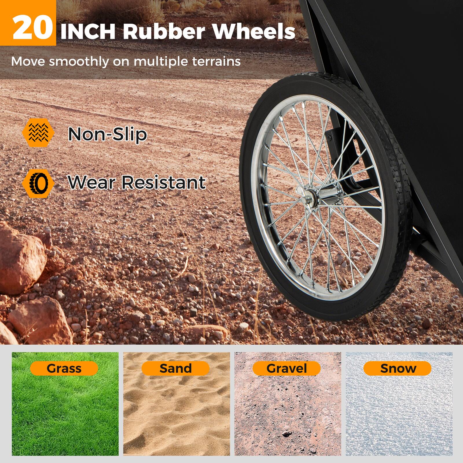 20 INCH Rubber Wheels  
Move smoothly on multiple terrains  

- Non-Slip  
- Wear Resistant  

Grass  
Sand  
Gravel  
Snow