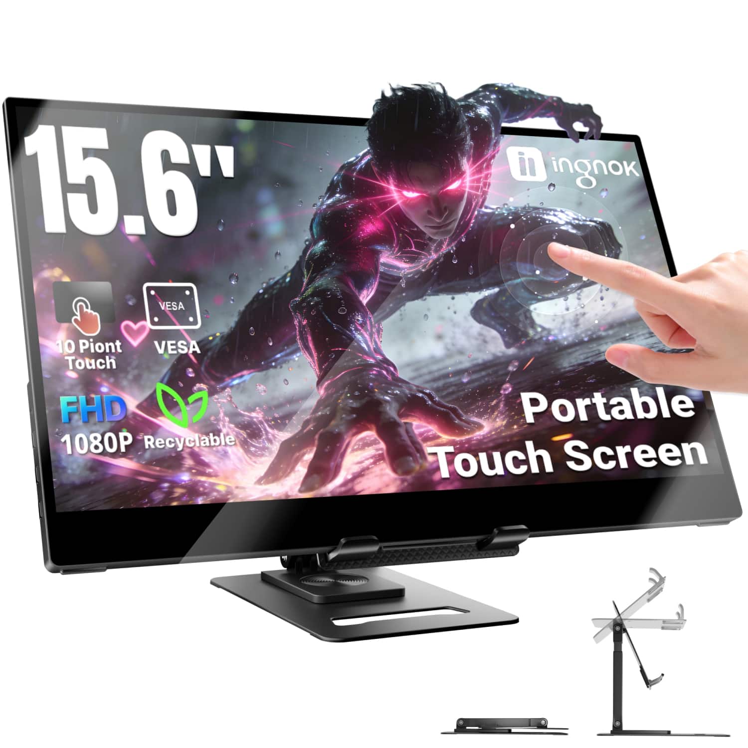 Ingnok - 15.6" FHD IPS Touchscreen Portable Monitor with 10-Point Touch, Dual USB-C, Mini HDMI, Speakers, Rotating Stand and VESA - Black