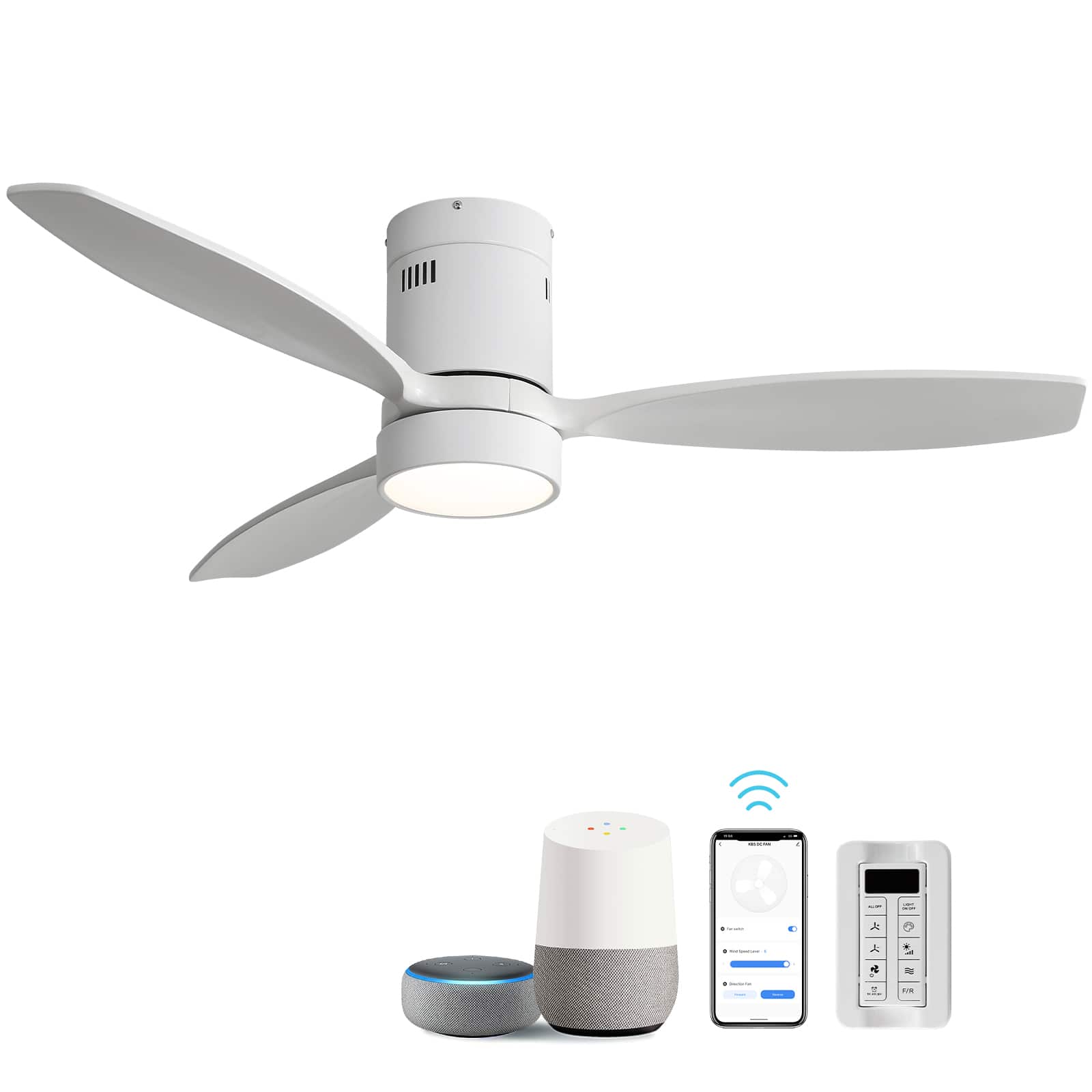 Sofucor - 52'' Smart Solid Wood Ceiling Fans with Light Flush Mount Low Profile Ceiling Fan with Alexa/Google/APP/Remote Control - White