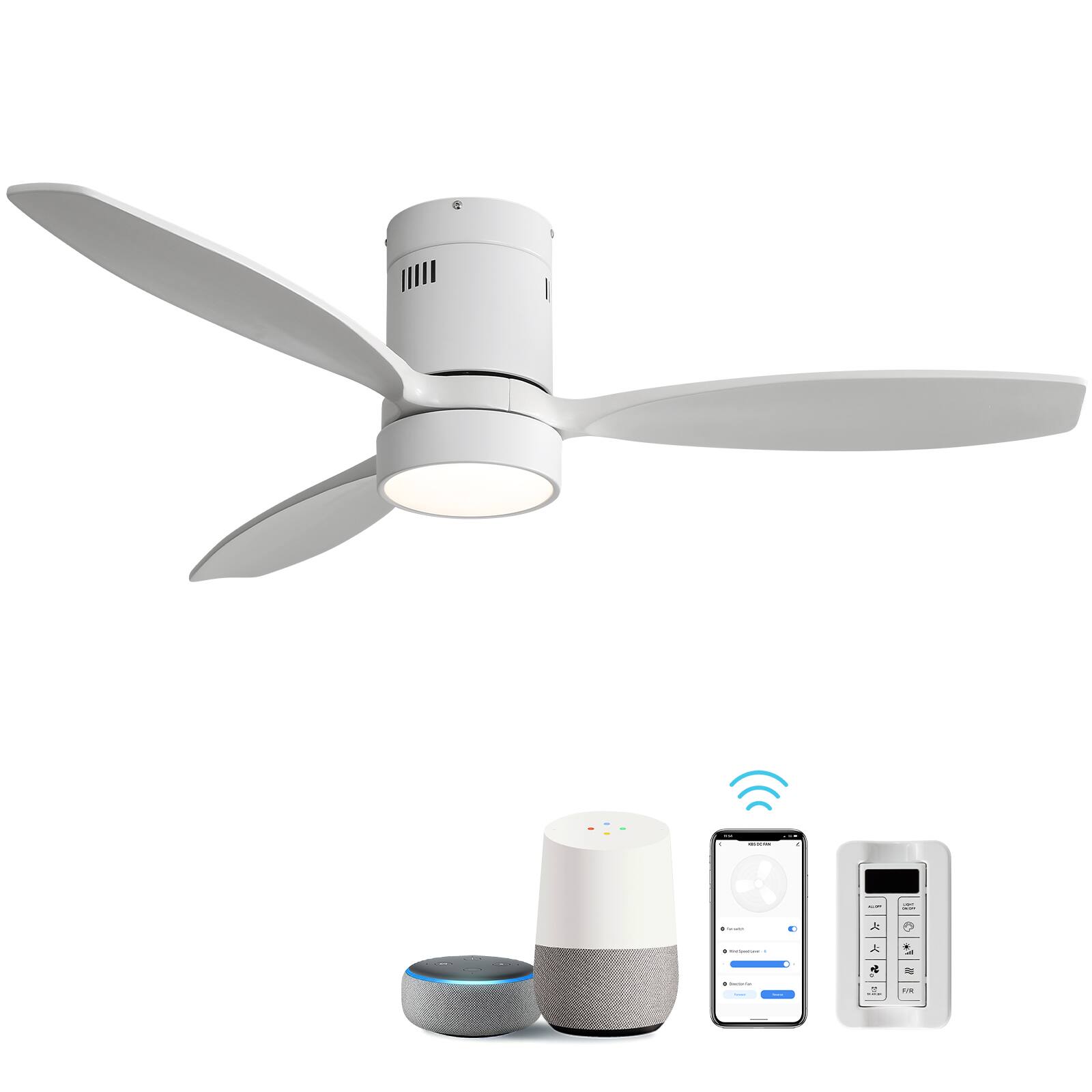 Front. Sofucor - 52'' Smart Solid Wood Ceiling Fans with Light Flush Mount Low Profile Ceiling Fan with Alexa/Google/APP/Remote Control - White.