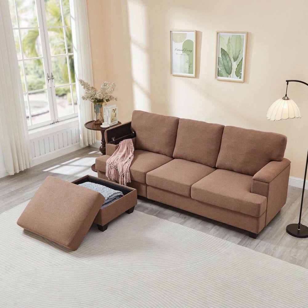 Alt View 9. Resenkos - 86" L-Shaped Sectional with Ottoman, 3-Seat Linen Couch with Armrest Organizer, Brown - Brown.
