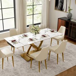 POVISON - 55"-79" Modern Luxury Extendable Dining Table for 4-6, Glossy Sintered Stone Top with Titanium Gold X-Base - White