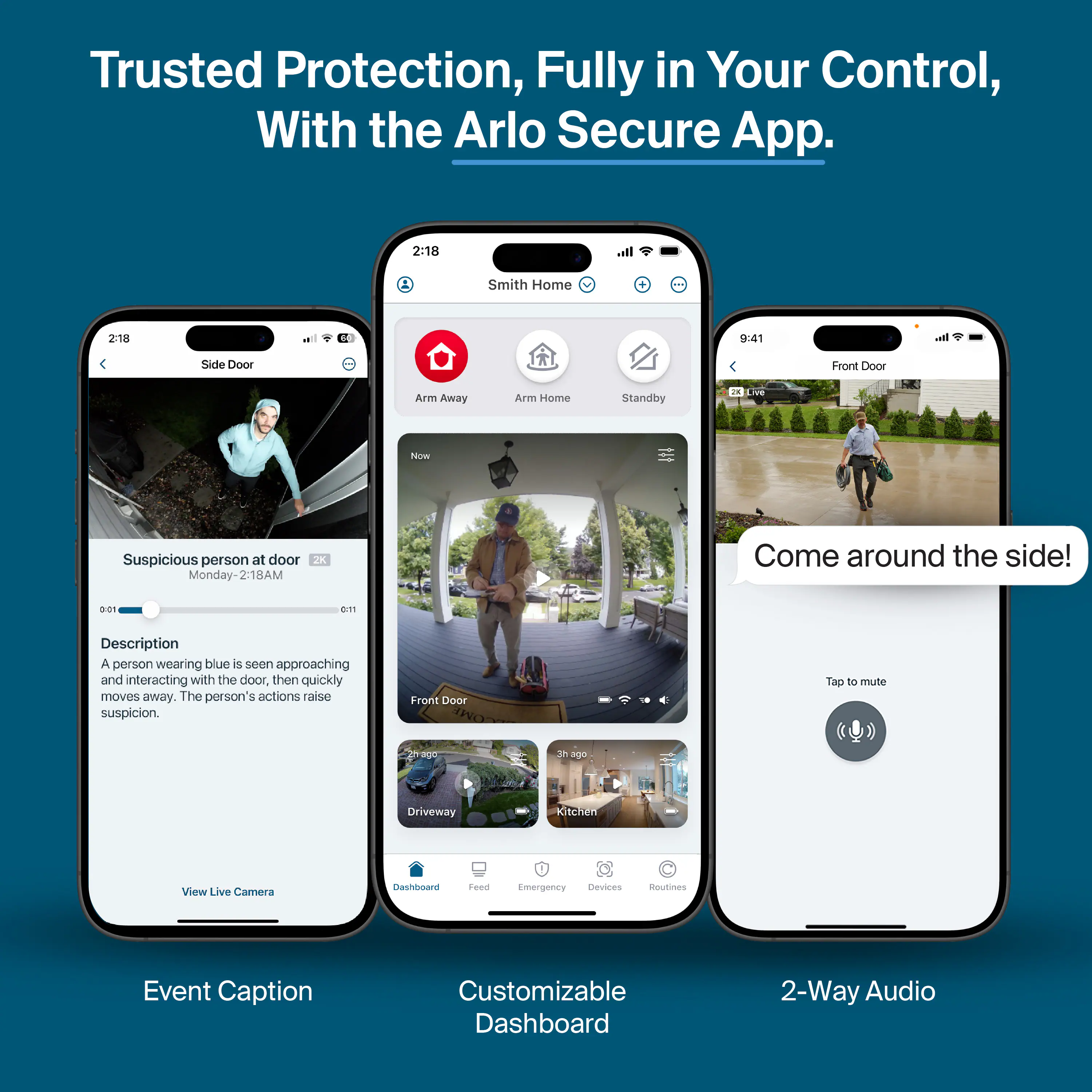 Trusted Protection, Fully in Your Control, With the Arlo Secure App.

2:18 il Smith Home
2:18 ol d
9:41

Side Door Front Door Arm Away Ar Home Standby

Suspicious person at door
Monday-2-18AM

Come around the side!

Description
A person wearing blue is soon approaching and interacting with the door, then quickly moves away. The person's actions raise suspicion.

Front Door Tep to mute rage

3 ago Driveway kitchen View Live Camera Dashboard Feed Emergency Devices Routines

Event Caption Customizable Dashboard 2-Way Audio