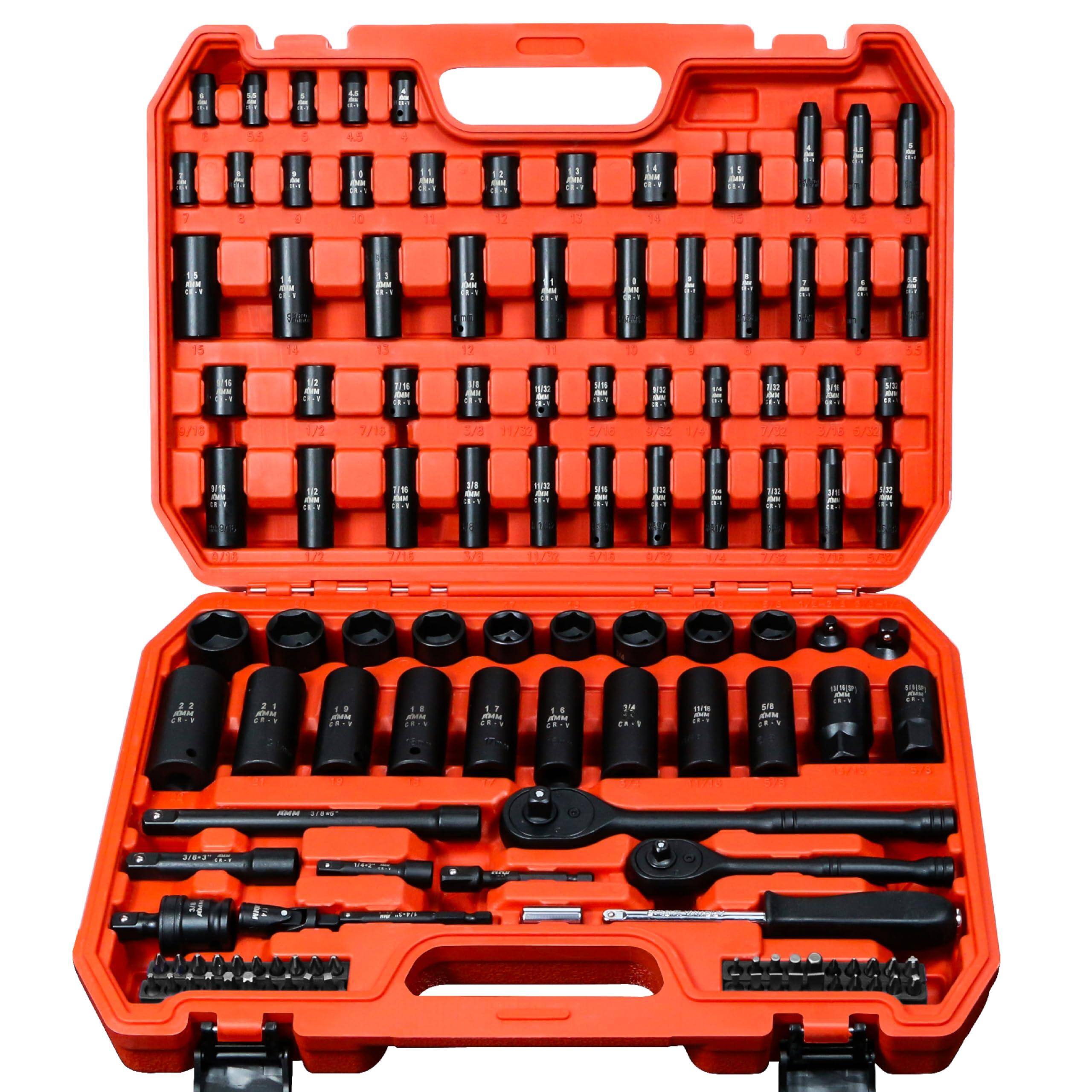 JETRANSPORT - 123pcs Impact Socket Set 1/4"3/8"drive Deep&shallow Wrench 6 Point Metric&standard Full 5/32"-3/4" - 123PC Impact socket set