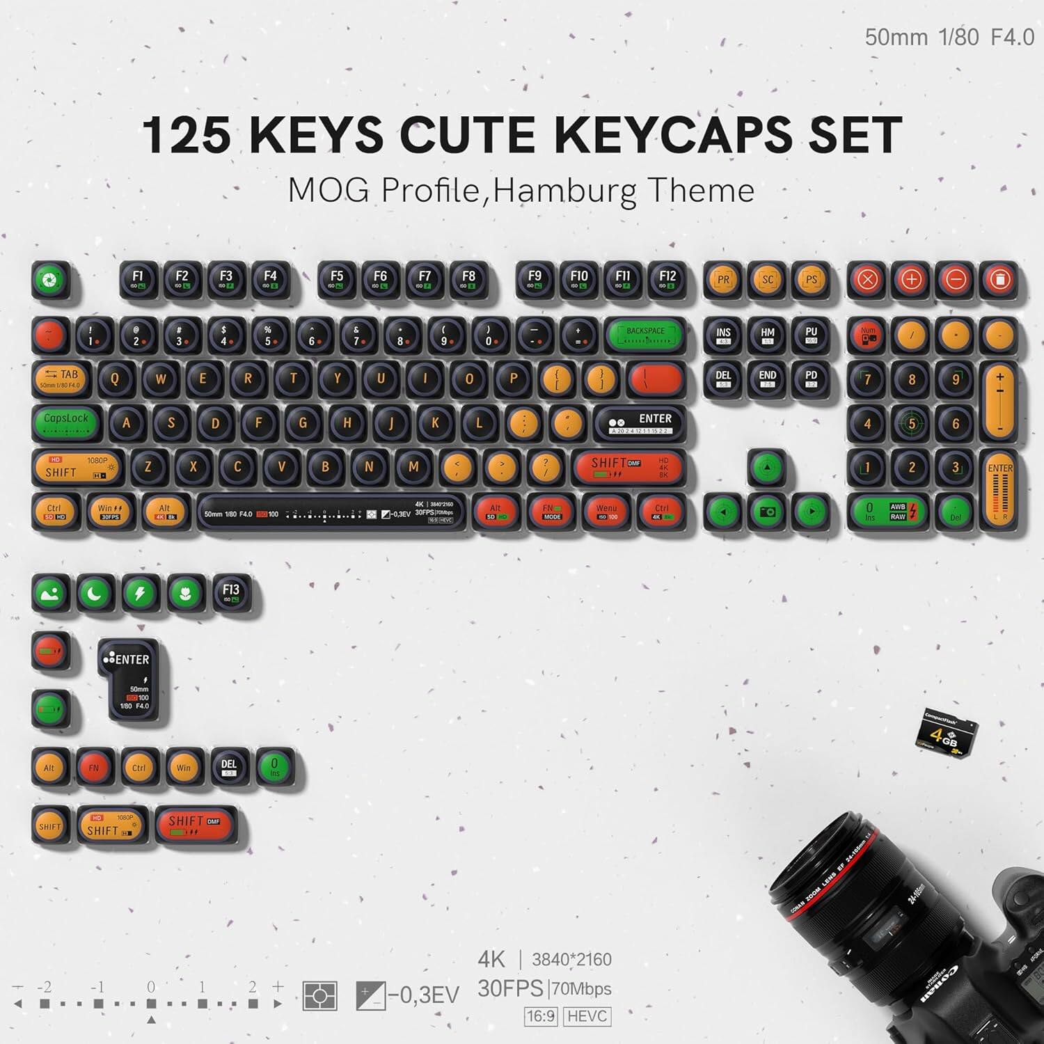 125 Keys Cute Keycaps Set  
MOG Profile, Hamburg Theme  

50mm 1/80 F4.0  

4K | 3840*2160  
30FPS | 70Mbps  
16:9 | HEVC  

- F1 F2 F3 F4 F5 F6 F7 F8 F9 F10 F11 F12  
- ME PR SC PS  
- 9 2 1 1 1 4 . 5 5 a 1  
- - - SACEPACE INS ... HM . PU  
- - : TAR Q W E R T Y U I 0 P - DEL END PO  
- 7 8 9 CopiLock A 5 D F G H I K L ENTER 4 5 6  
- 1A0P SHIFT Z x C V B N M 1 A SHIFT  
- 2 3 ENTER cO 1 Wis V COPE Al 2E  
- - - i - - - N noting_ - AT - - Wena m - LO P - -  
- F13 ENTER . - - 10 FAR aT IN CO we DEL