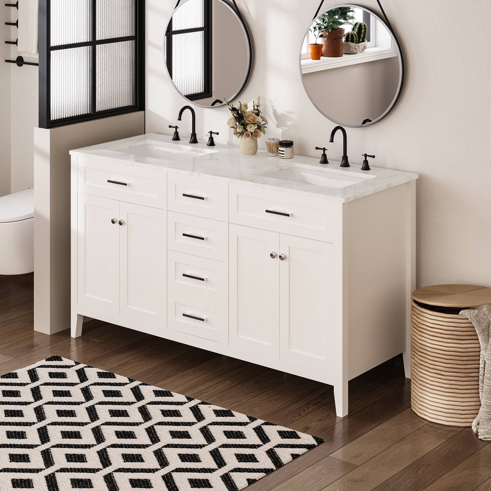 Left. U-HOMY - Modern Bathroom Vanity with Ceramic Sink, Soft-Close Storage Cabinet and Drawer, Glossy Countertop, White - 22"x60".