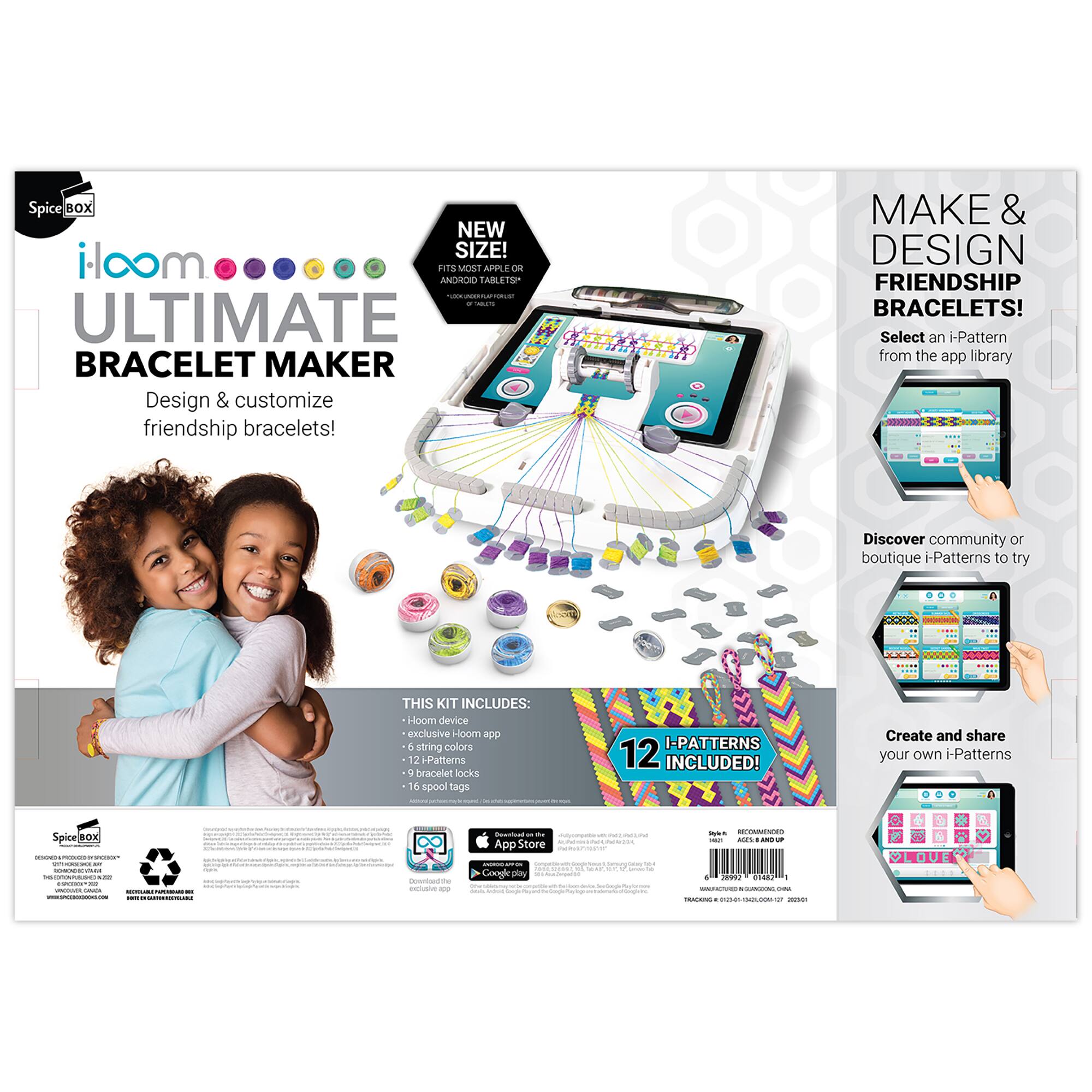 Ultimate Bracelet Maker: Design & Customize Friendship Bracelets! Make & Design Friendship Bracelets! Select an i-Pattern from the dde library Discover community or boutique i-Patterns to try This Kit Includes: Hoom device exclusive Hoom ddr 5 string colors 12 i-Patters V bracelet lOCks 6 spool tags I-PATTERNS 12 INCLUDED! Create and share your own i-Patterns Spice BOX: | - - : e - - - - App Store Coogle pay -i - - .. - - - So 1.. - - - PLOUE