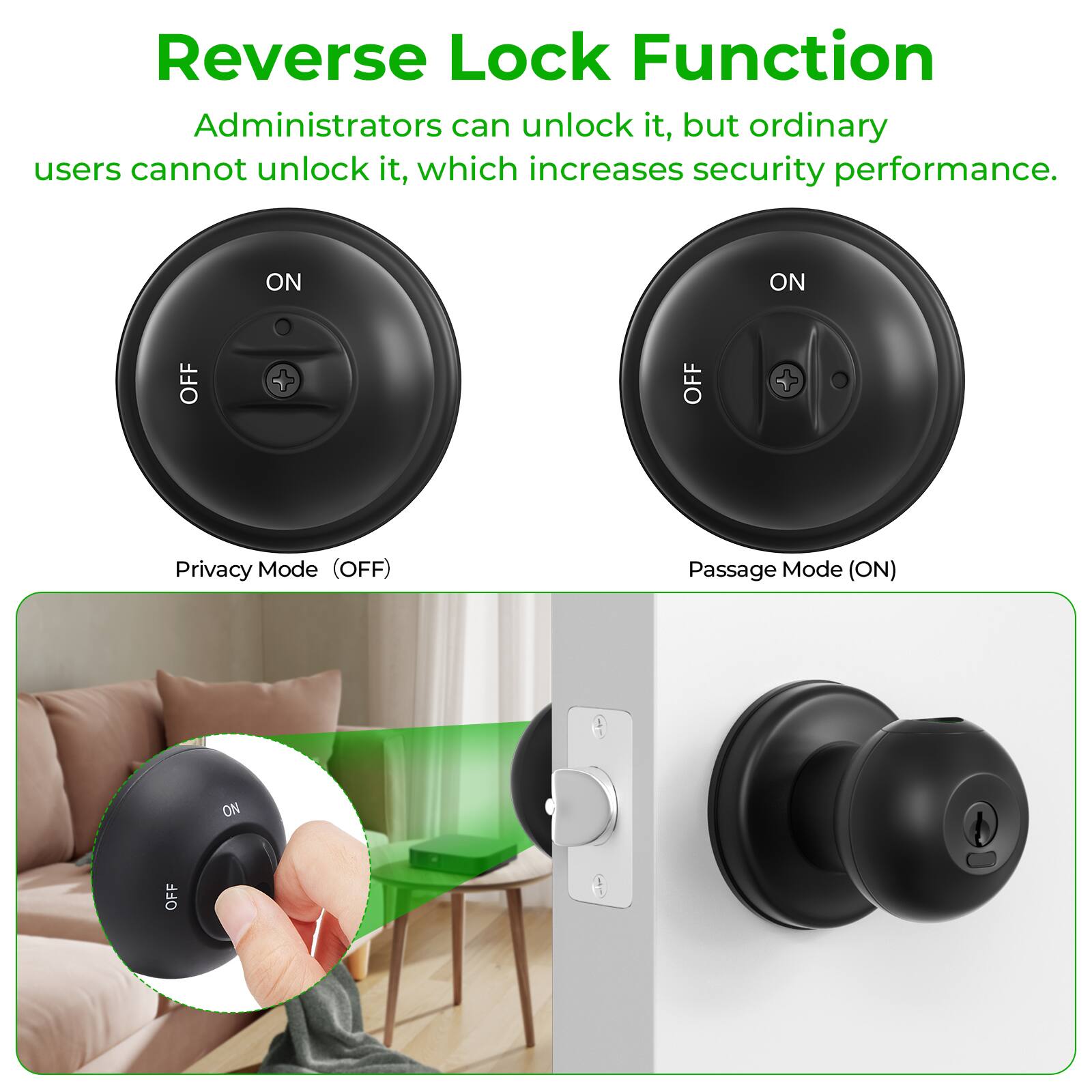 Reverse Lock Function
Administrators can unlock it, but ordinary users cannot unlock it, which increases security performance.

Privacy Mode (OFF) ON OFF
Passage Mode (ON) ON OFF