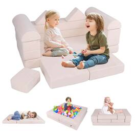 Costway - Kids Modular Play Couch Play Set with Suede Fabric Cover High-Density Foam - Beige