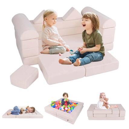 Front. Costway - Costway Kids Modular Play Couch Play Set with Suede Fabric Cover High-Density Foam - Beige.