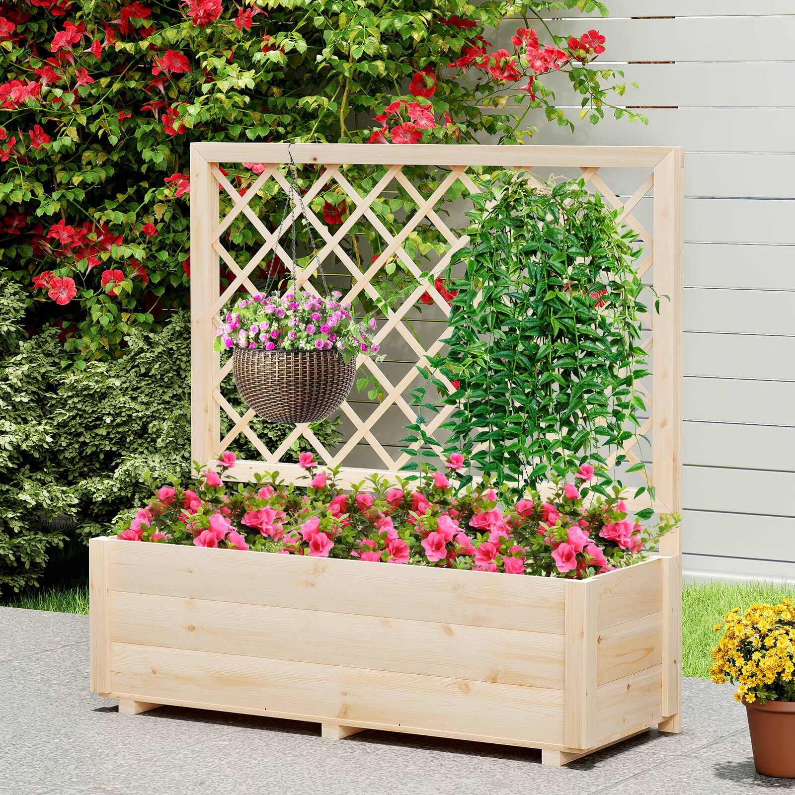Alt View 4. Costway - Costway 2 PCS 40" Wooden Raised Garden Bed with Lattice Trellis for Climbing Vine Flower - Natural.