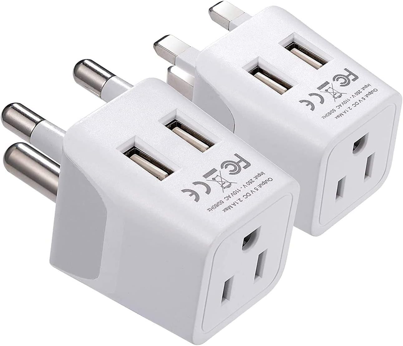 Ceptics - South Africa Travel Plug Set - with 2 USB + USA Socket Input - Type M and Type G - Ultra Compact - White