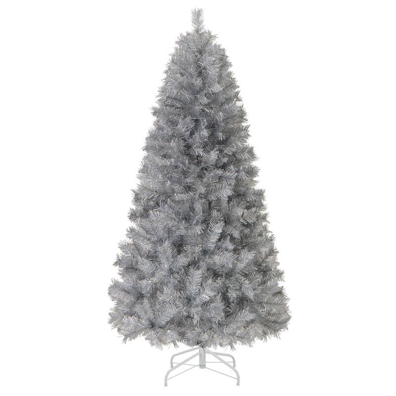WELLFOR - 6ft Pre‑litHinged Artificial Christmas Tree with 553 Branch Tips &230 LED Lights, ‑Tinsel Xmas Tree - Silver