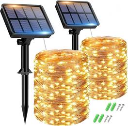 Veranti - 2-Pack Solar Fairy String Lights, 110FT 300 LED, 8 Modes, High-Efficiency Solar Panel, Waterproof Copper Wire Lights