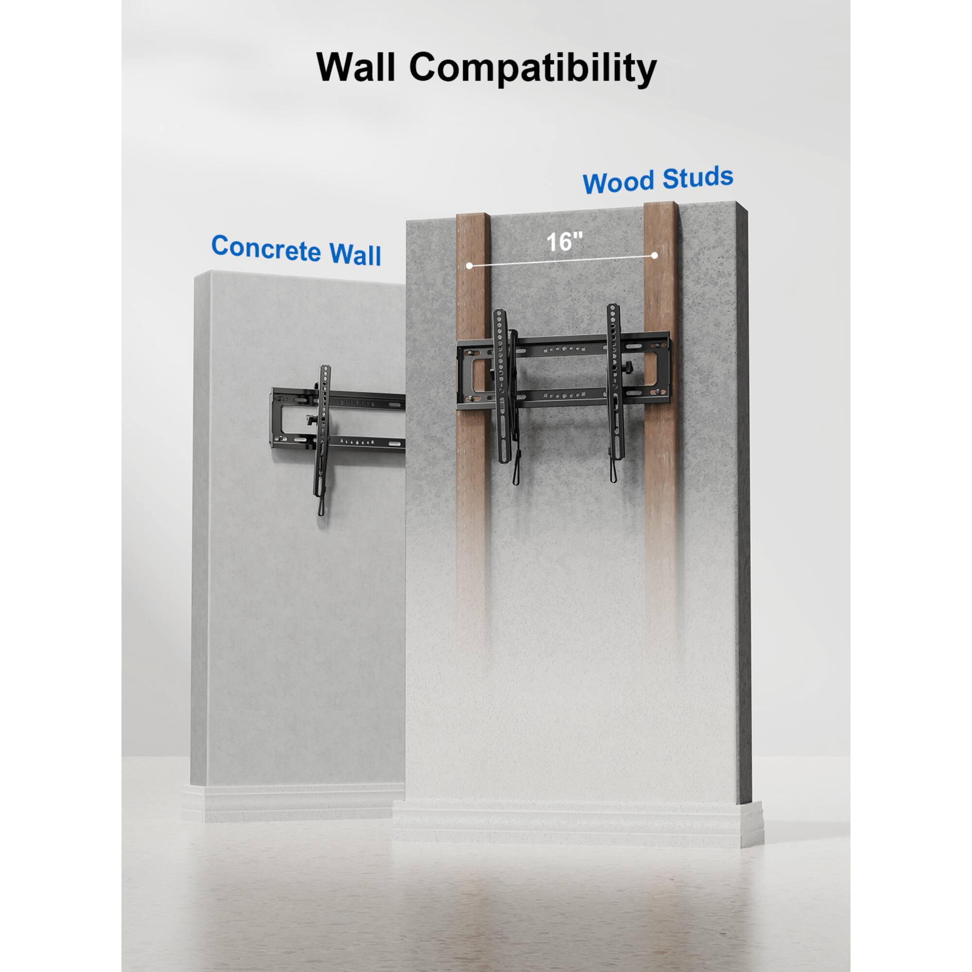 Wall Compatibility, Wood Studs, Concrete Wall, 16"