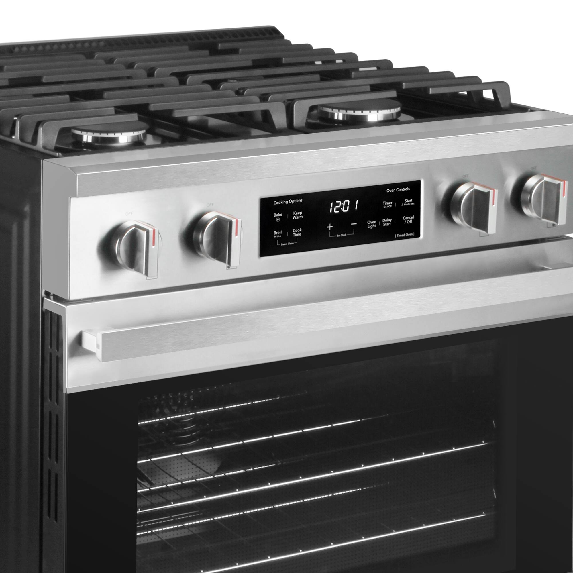Cooking Options  
- Bake  
- Broil  
- Self Clean  

Oven Controls  
- Timer  
- Start  
- Delay  
- Cook  
- Light  
- Off  

12:01
