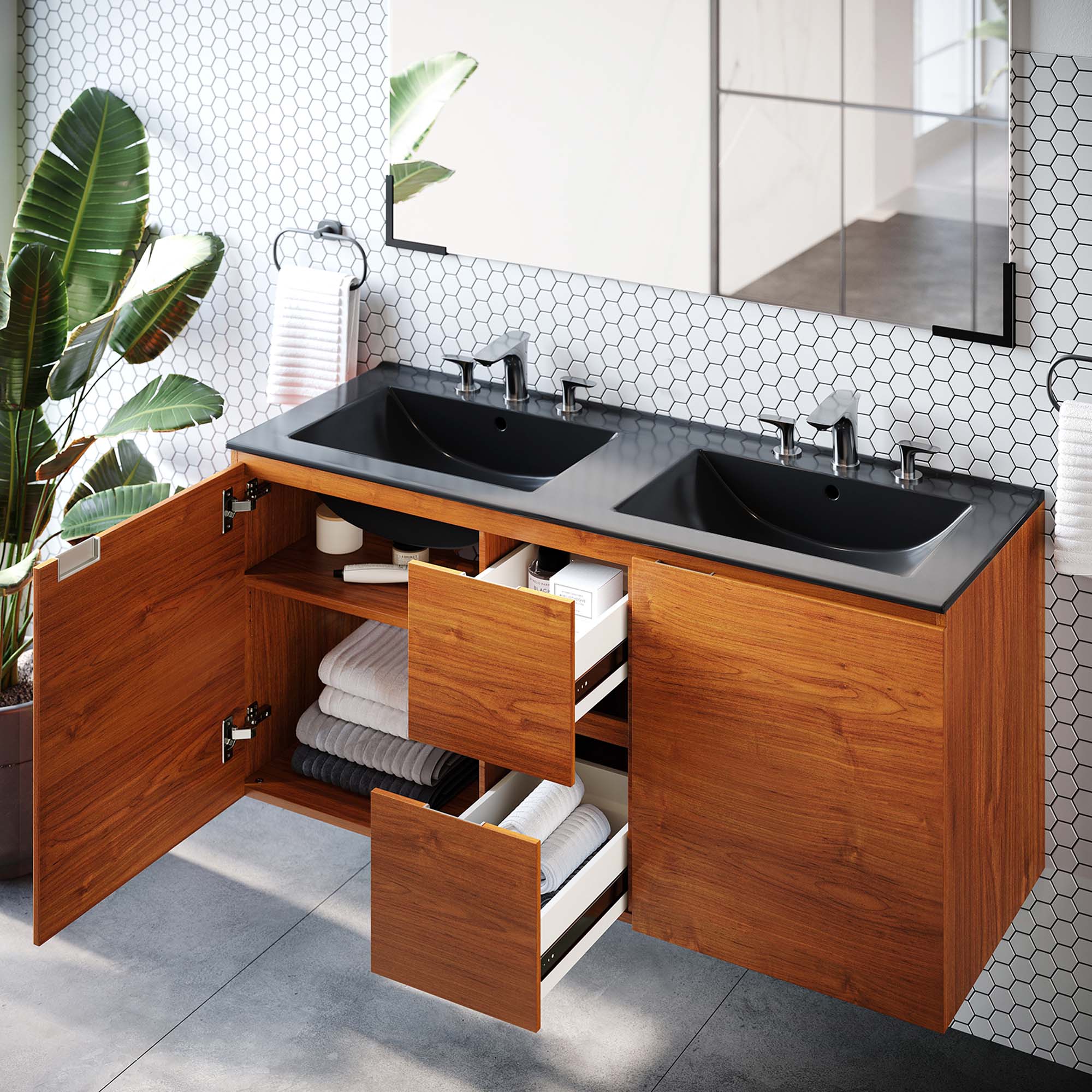 Back. Modway - Scenic 48" Double Wall-Mount Bathroom Vanity by Modway - Cherry Black.