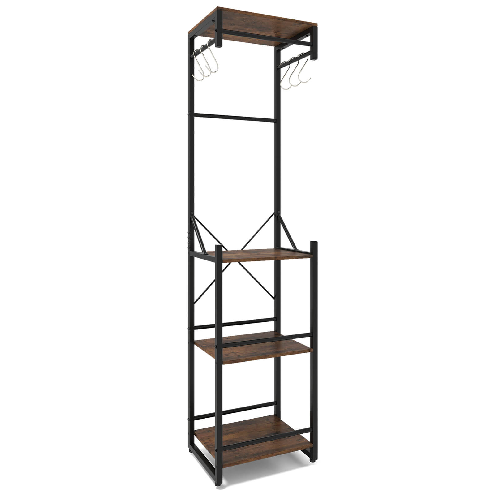 Alt View 9. Costway - Costway Freestanding Coat Rack with 4 Storage Shelves 6 Hooks & 3 Hanging Rods for Entryway - Brown.