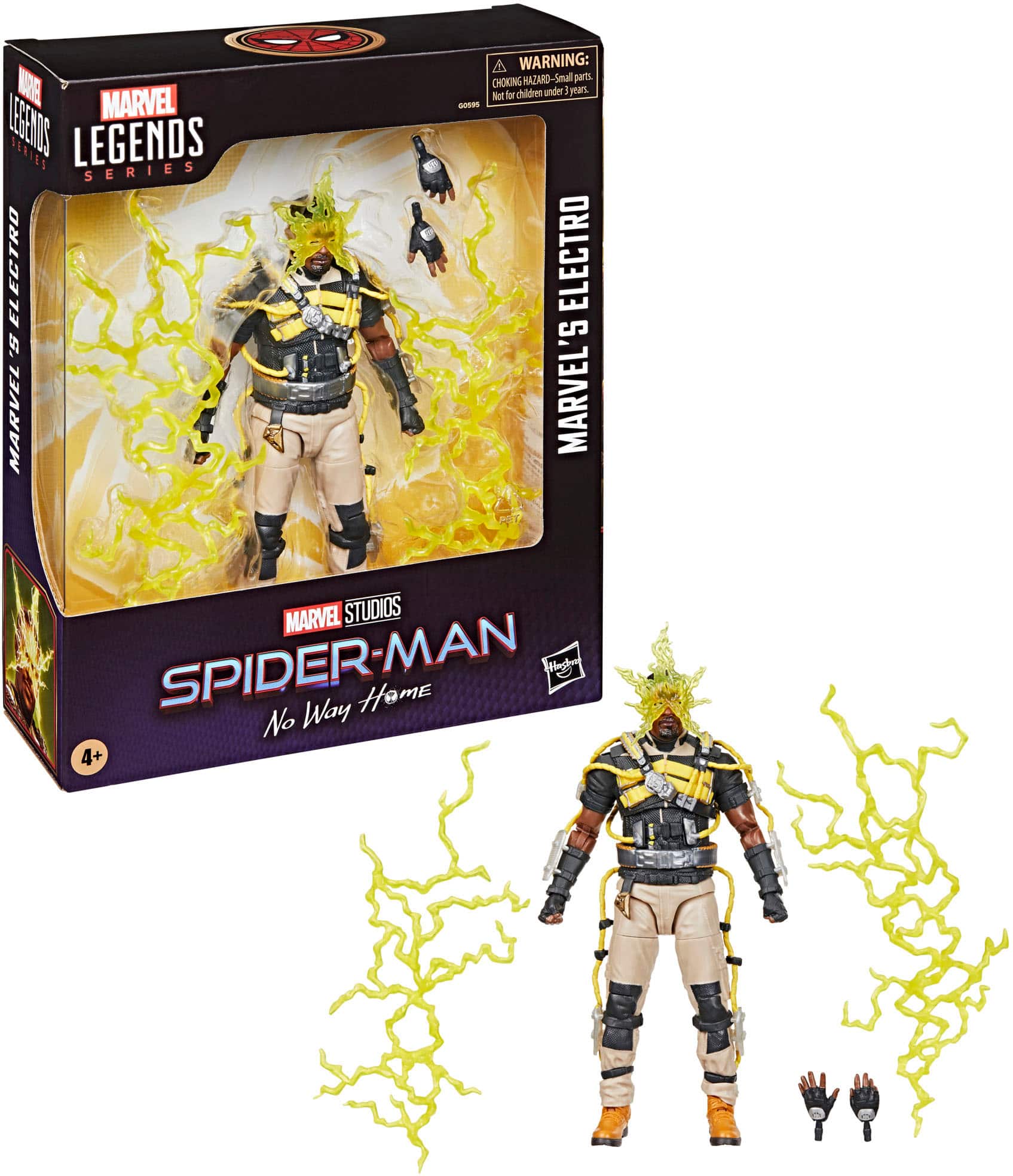 The image features a Marvel Legends Spider-Man figure, which is part of the Marvel Legends Electro series. The figure is displayed in a box, and it is accompanied by a smaller figure of Electro. The box also has a warning label indicating that it contains small parts and is not suitable for children under 4 years of age.