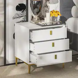 FUFU & GAGA - Luxury 3 Drawer Nightstand Bedside Table with Gold Accents Modern End Table Storage Cabinet for Bedroom Living Room - White