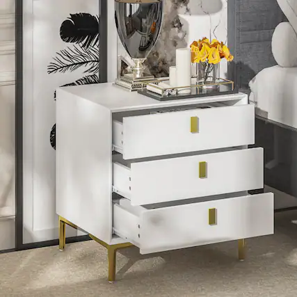Front. FUFU & GAGA - Luxury 3 Drawer Nightstand Bedside Table with Gold Accents Modern End Table Storage Cabinet for Bedroom Living Room - White.
