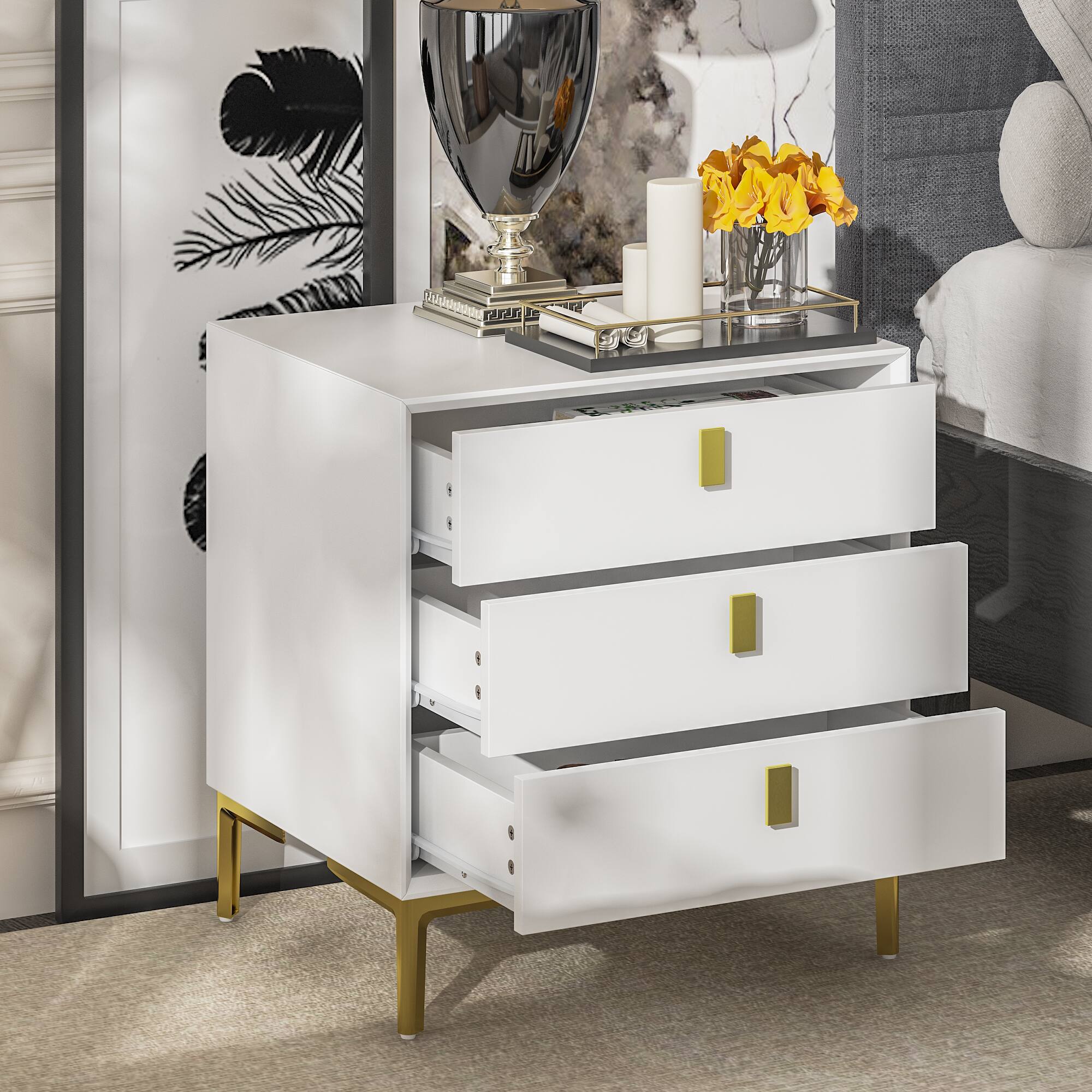 Front. FUFU & GAGA - Luxury 3 Drawer Nightstand Bedside Table with Gold Accents Modern End Table Storage Cabinet for Bedroom Living Room - White.