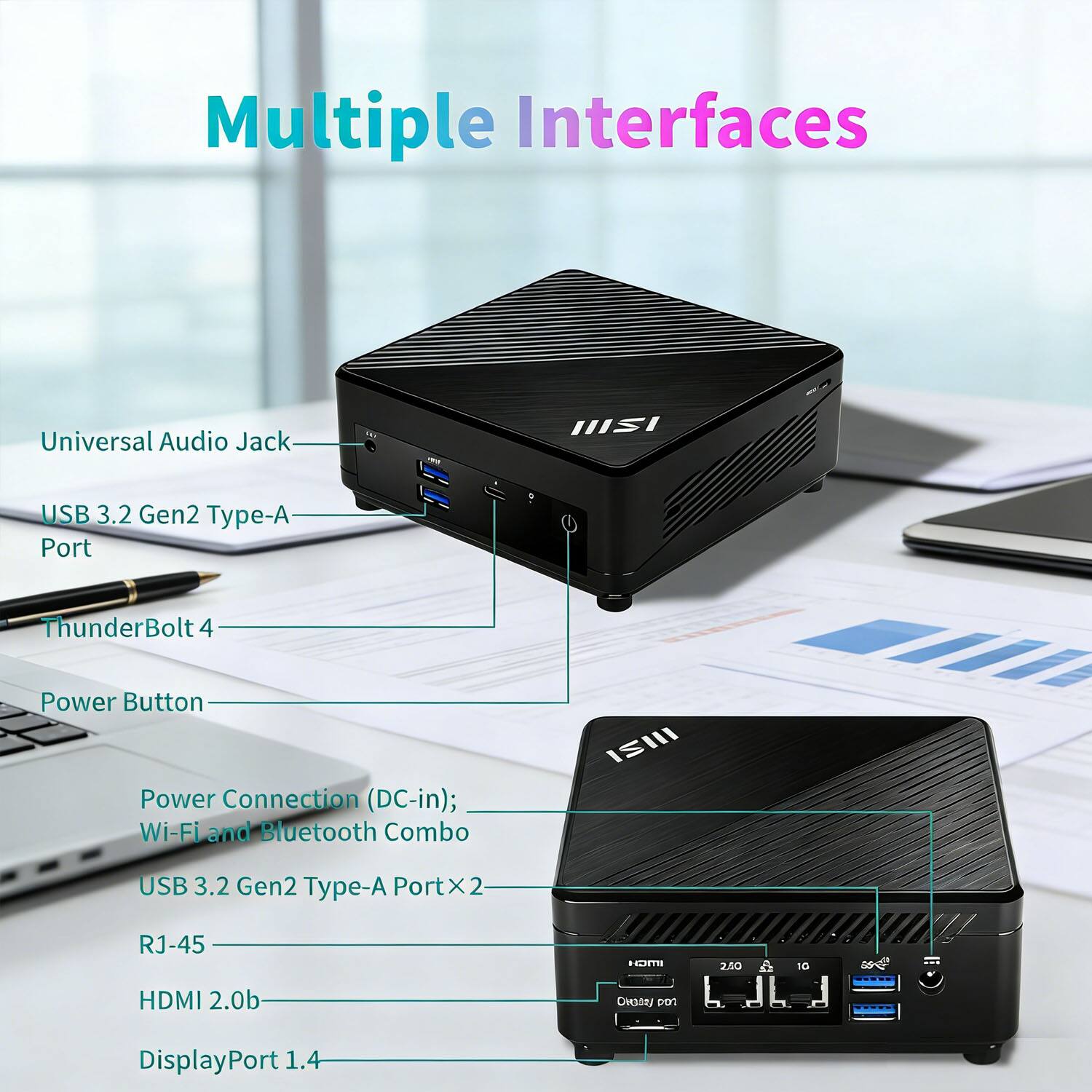 Multiple Interfaces  
Universal Audio Jack  
USB 3.2 Gen2 Type-A Port  
ThunderBolt 4  
Power Button  
Power Connection (DC-in); Wi-Fi and Bluetooth Combo  
USB 3.2 Gen2 Type-A Port x 2  
RJ-45  
HDMI 2.0b  
DisplayPort 1.4