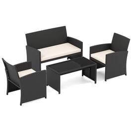 Costway - 4 PCS Patio Conversation Set with Seat Cushions & Tempered Glass Tabletop, Porch - White+Black