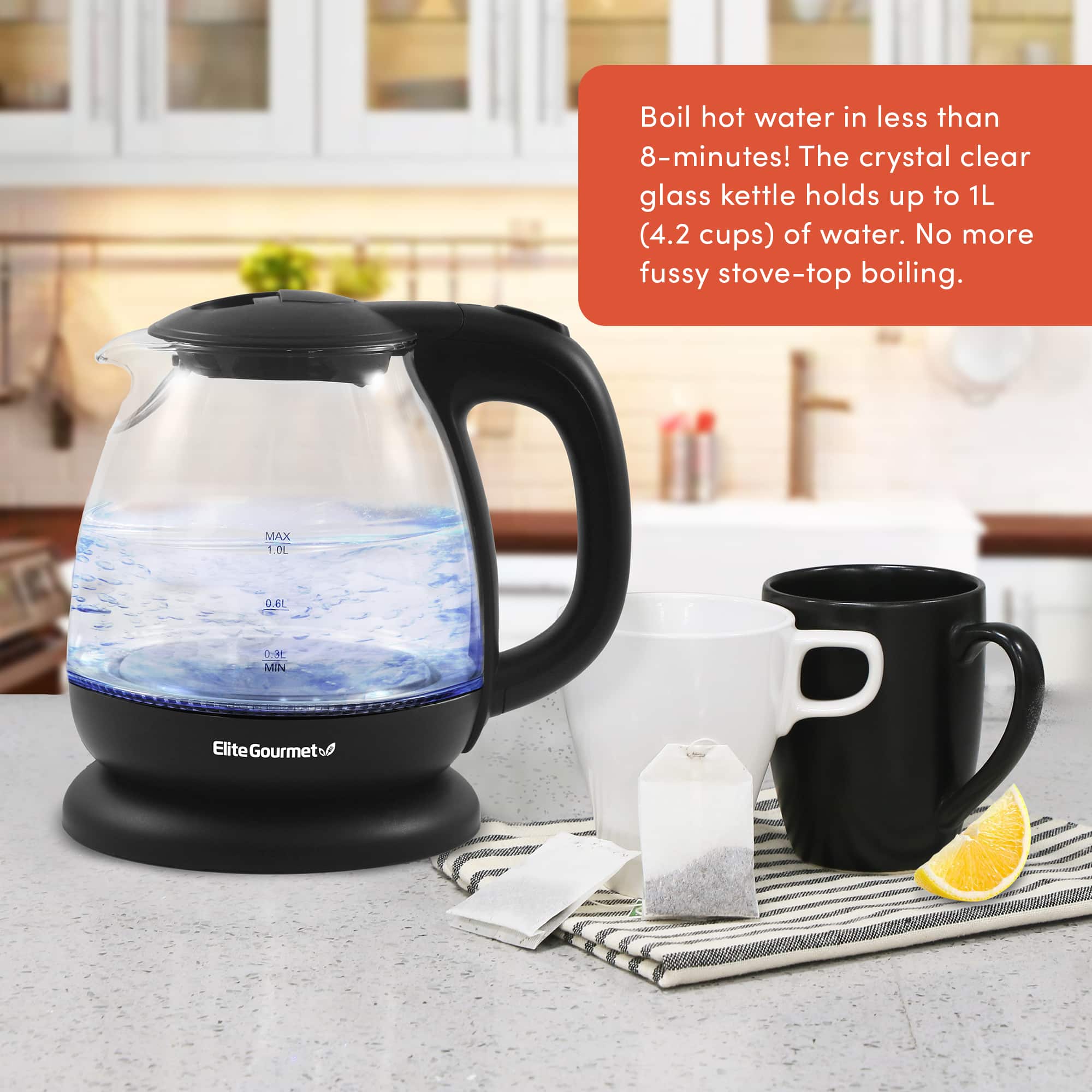 Alt View 13. Elite Gourmet - 1L Electric Glass Water Kettle - Black.