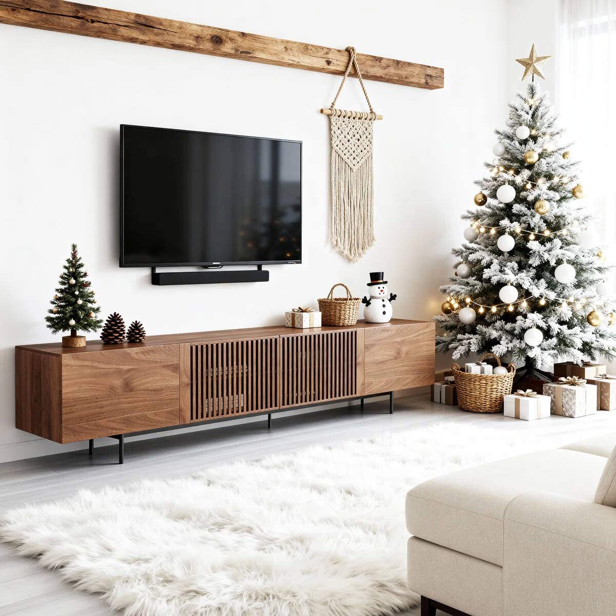 Back. luck idea - 94.48" Fluted Wood TV Stand for TVs Up to 100", Modern Media Console with Soft Close Doors, Walnut Entertainment Center - brown.