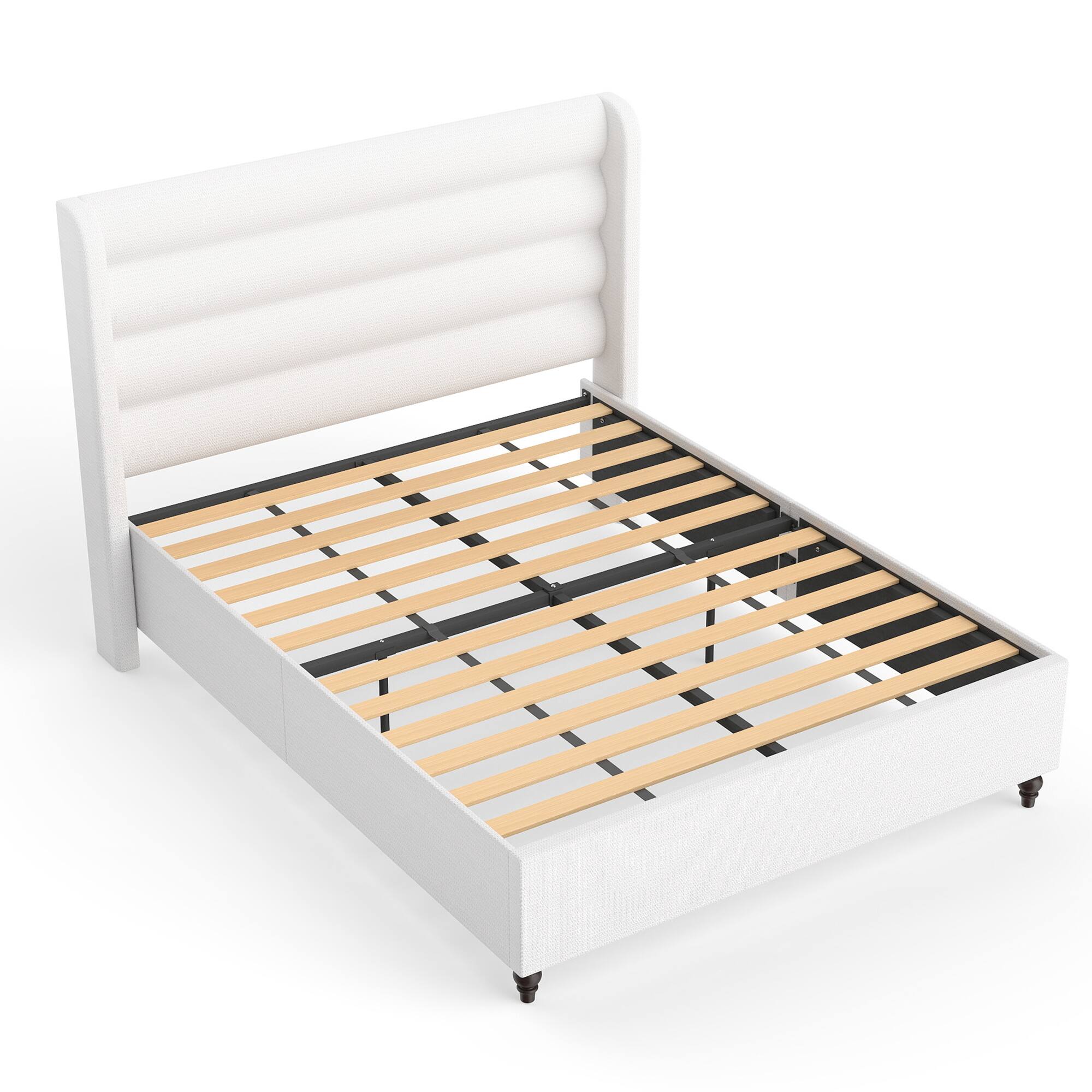 Alt View 1. Brick Attic - Solid Wood Slat Bed with Gourd-Shaped Legs,Minimalist Striped Headboard, Elevated Base for Airflow, No Box Spring Needed - White.